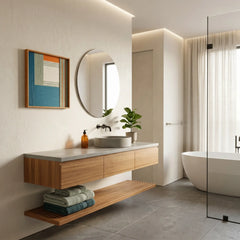 Sophisticated hand-woven wool tapestry styled in a luxury bathroom above a floating wood vanity with a circular backlit mirror.