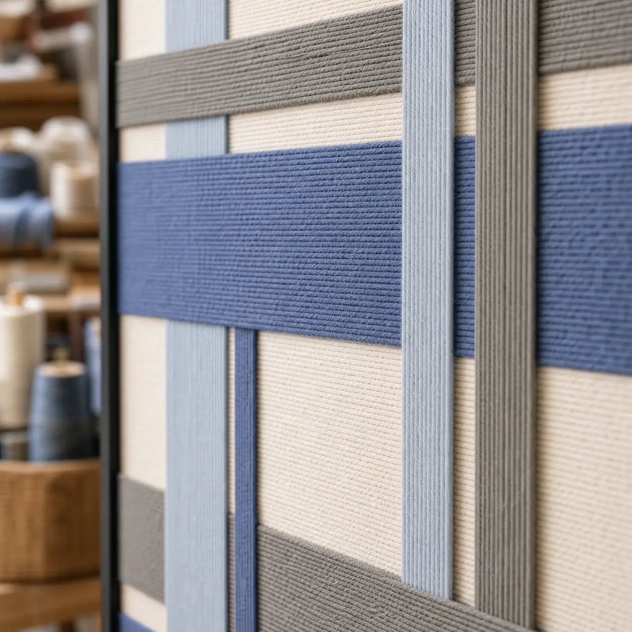 Detailed macro close-up of the Slate Harbor hand-woven wool tapestry highlighting thick blue and grey intersecting yarn textures.