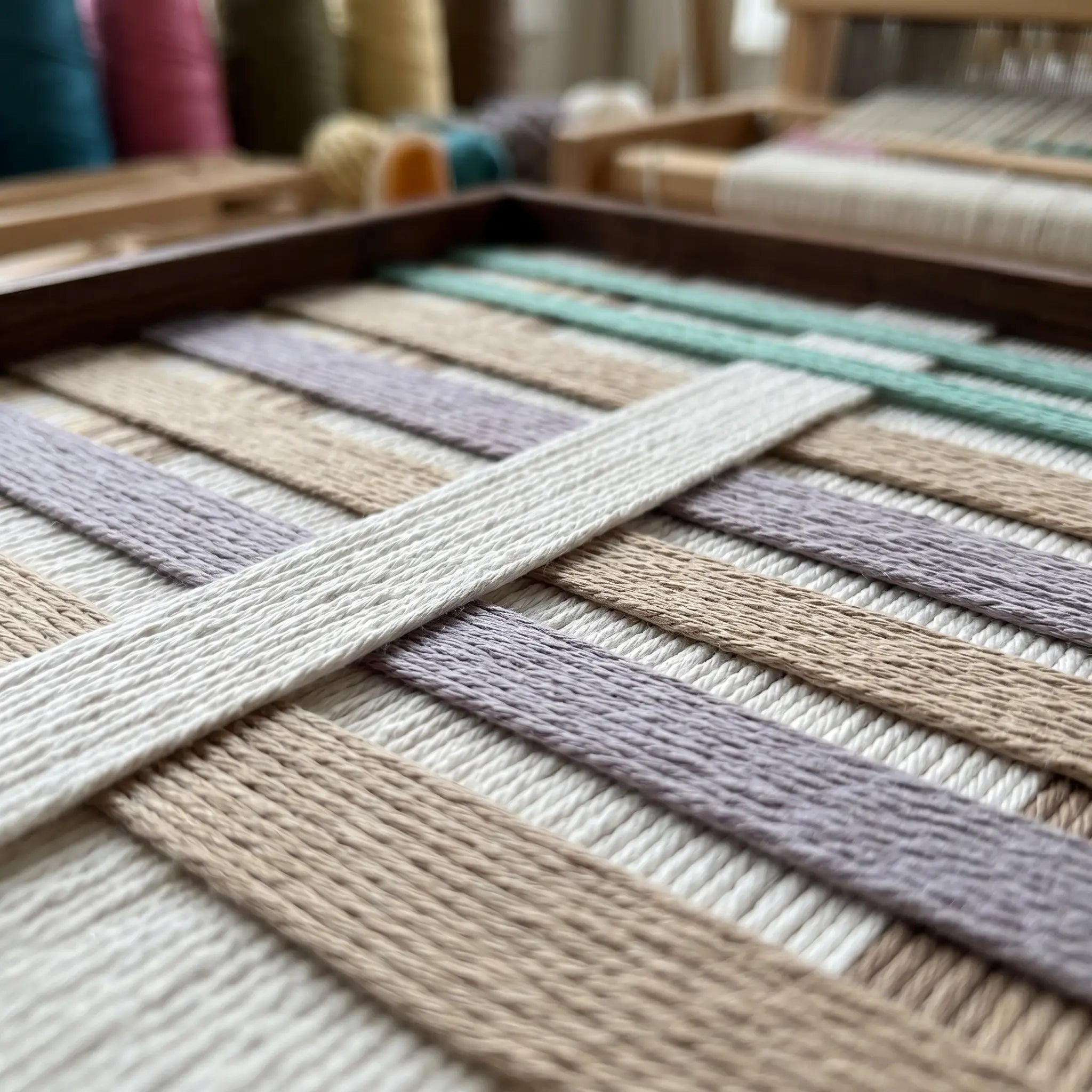Angled macro shot of the Sleeping Flora fiber art highlighting the raised cream vertical yarn woven over horizontal lavender and taupe background layers.