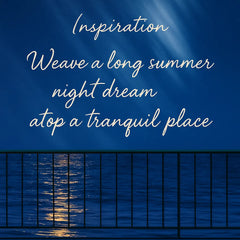 Inspiration graphic for Summer Night’s Serenity featuring a moonlit lake motif and poetic quote to evoke the artwork’s tranquil evening theme
