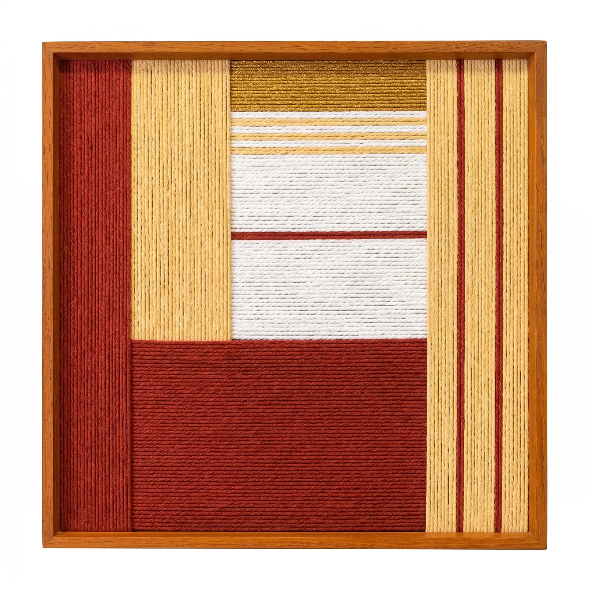 Frontal studio shot of Sun-Baked Terra hand-woven wool wall art featuring warm red, ochre, and cream geometric patterns in an oak frame.