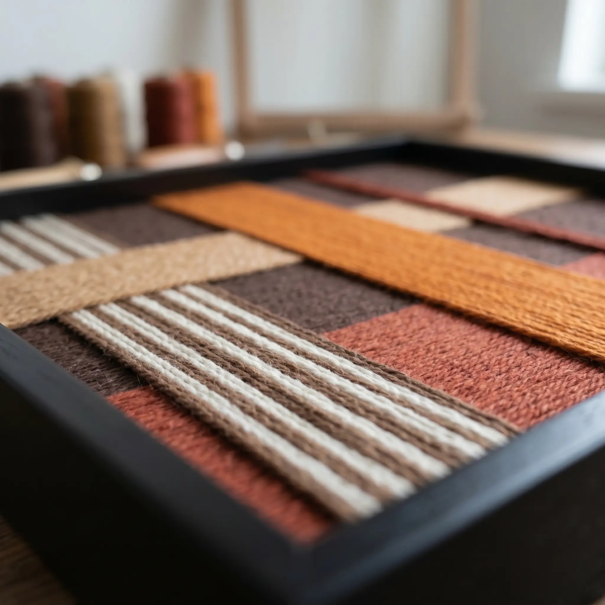Close-up perspective of Sunlit Symphony hand-woven wool art showing the vibrant orange, terracotta, and brown interlocking yarn textures in a black frame.