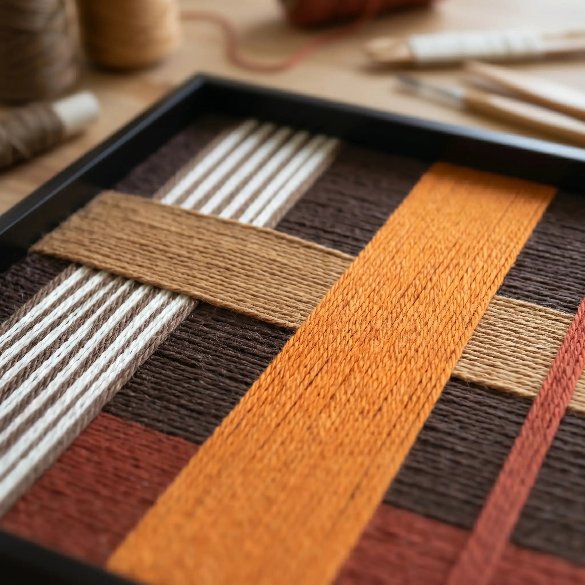 An angled studio shot of the textured fiber wall art highlighting the structural multi-directional layering of the hand-wrapped wool yarn.