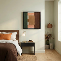 Framed textured wool wall art styled in a cozy bedroom above a dark wood nightstand with matching earth-toned linens.