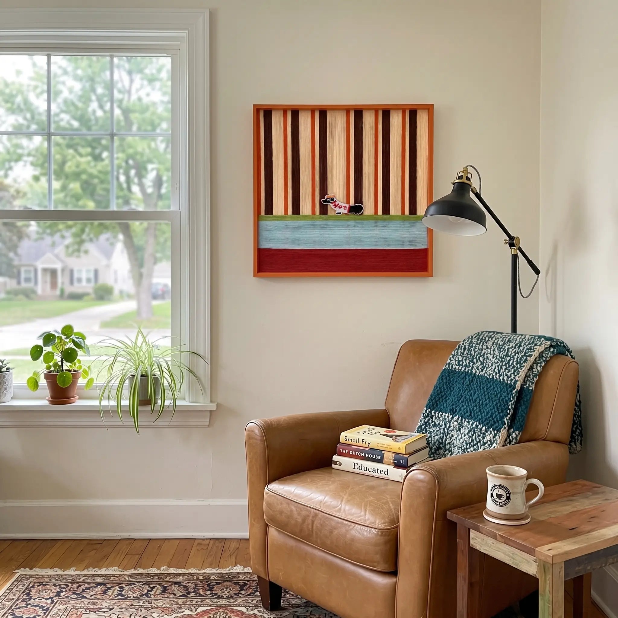 Tangerine Stripe Pup Venture hand-woven textile art hanging next to a window above a brown leather armchair in a cozy reading corner.
