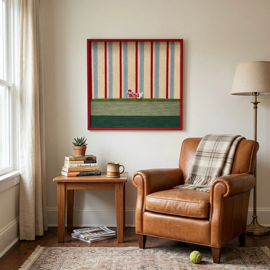 Framed striped textile wall art displayed in a cozy reading corner above a classic brown leather armchair and small side table.