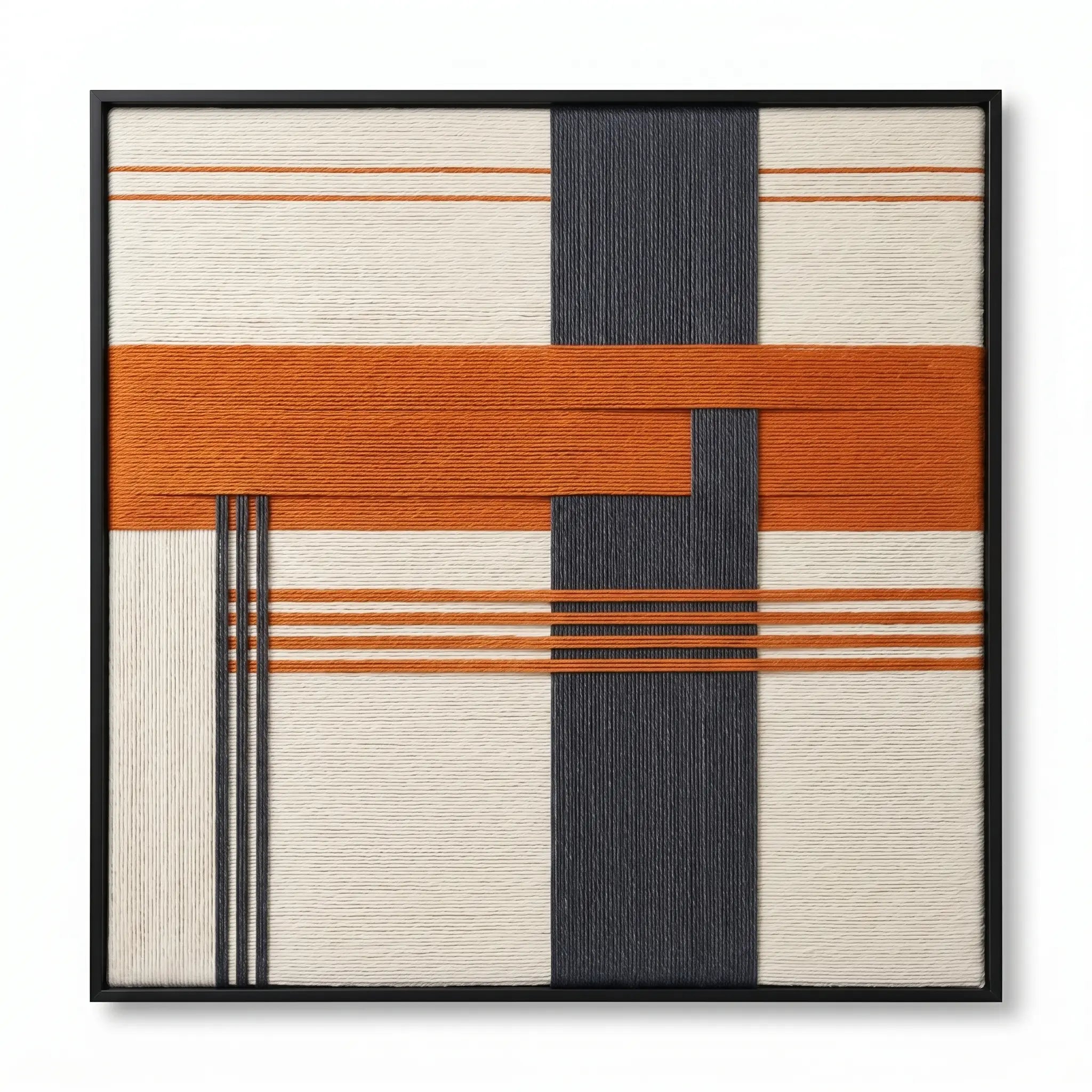 Frontal studio shot of the Terracotta Dusk hand-woven wool wall art featuring geometric rust orange, charcoal, and cream patterns in a black frame against a clean white background.