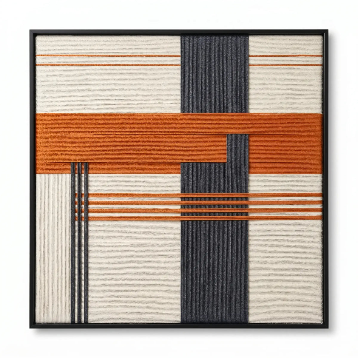 Frontal studio shot of the Terracotta Dusk hand-woven wool wall art featuring geometric rust orange, charcoal, and cream patterns in a black frame against a clean white background.