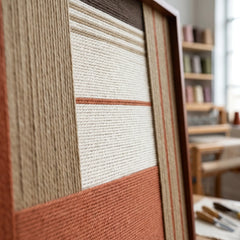 Angled close-up of the framed Terracotta Haven hand-woven tapestry showcasing the wooden frame and dimensional terracotta and beige geometric wool patterns.