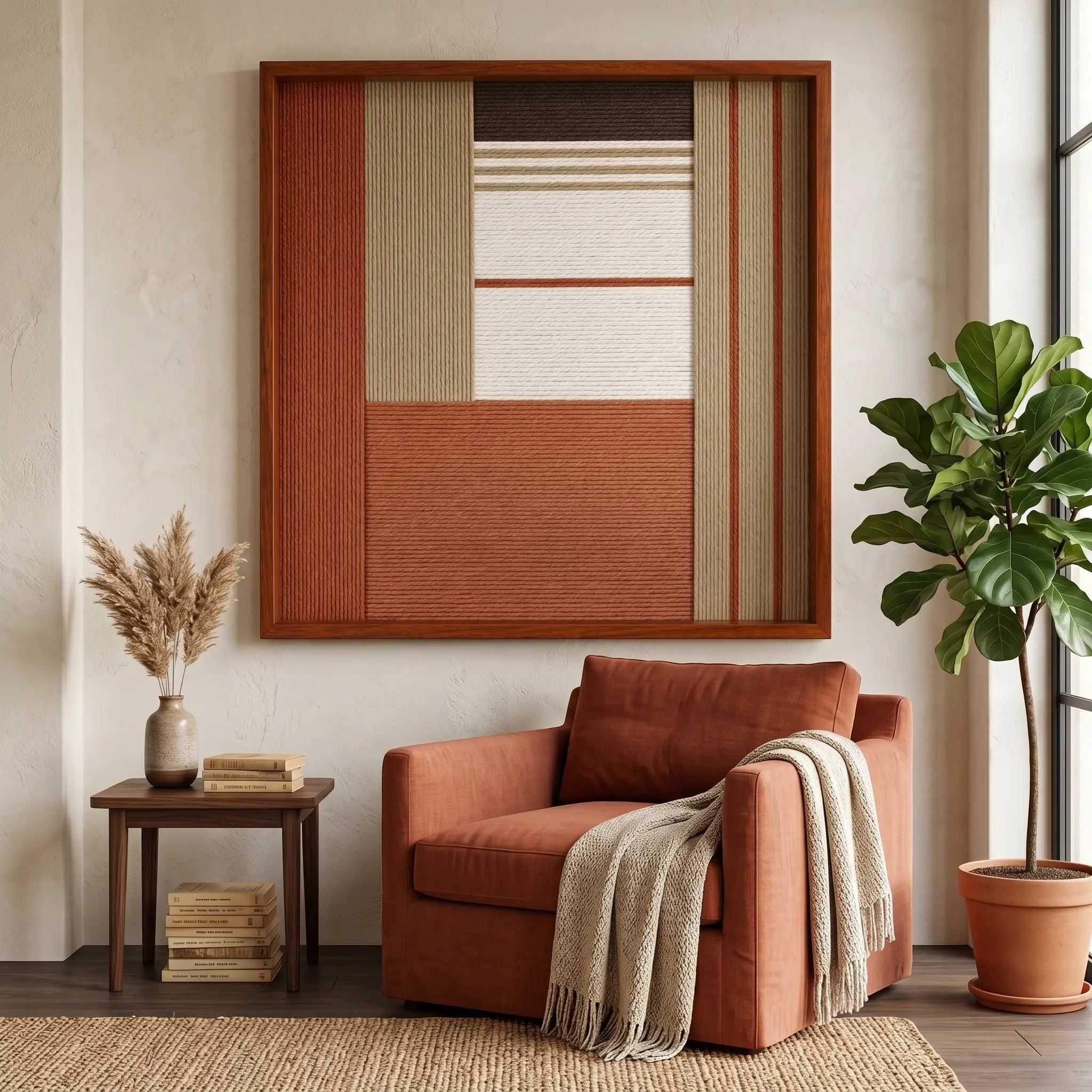 Large square Terracotta Haven hand-woven wall art hanging elegantly above a matching cozy terracotta armchair in a bright living room corner.