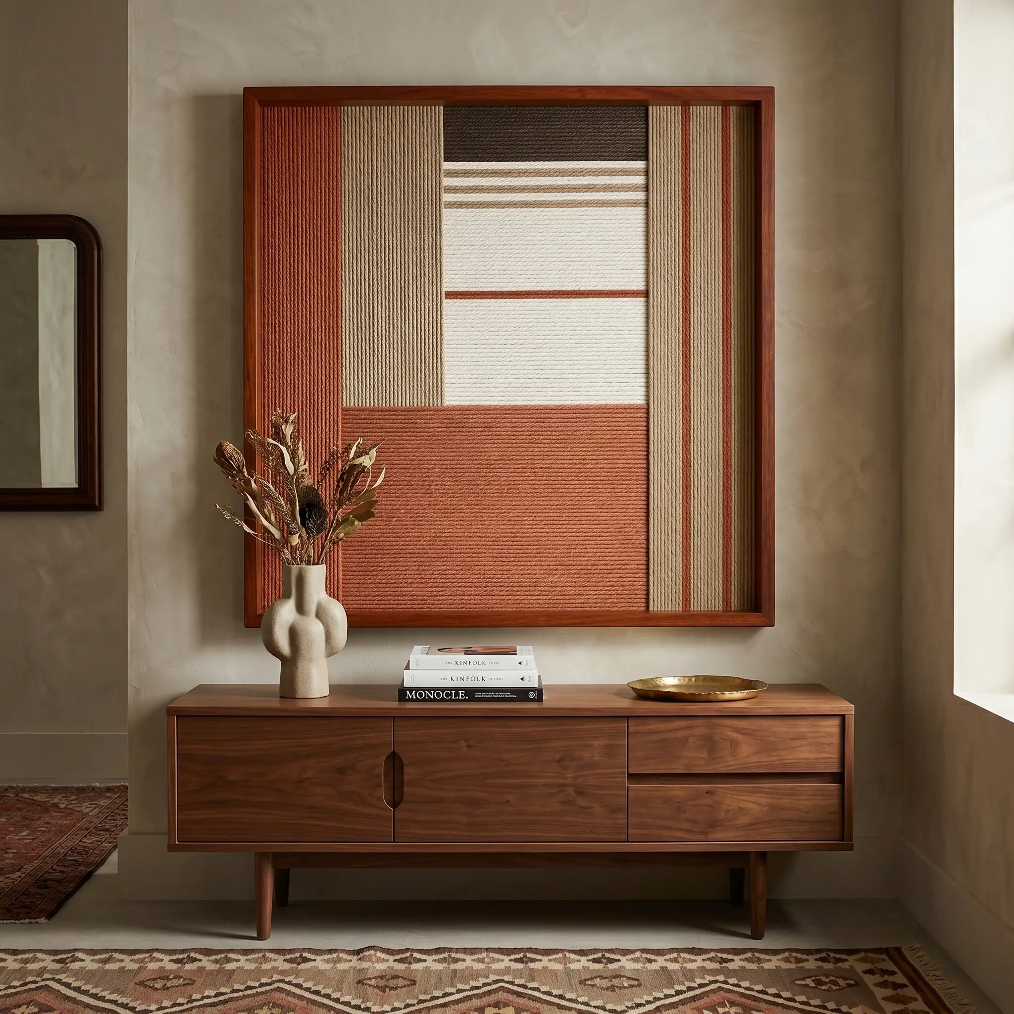 Earth-toned Terracotta Haven framed wall art styled elegantly above a dark wood mid-century credenza adorned with simple ceramics in a serene room.