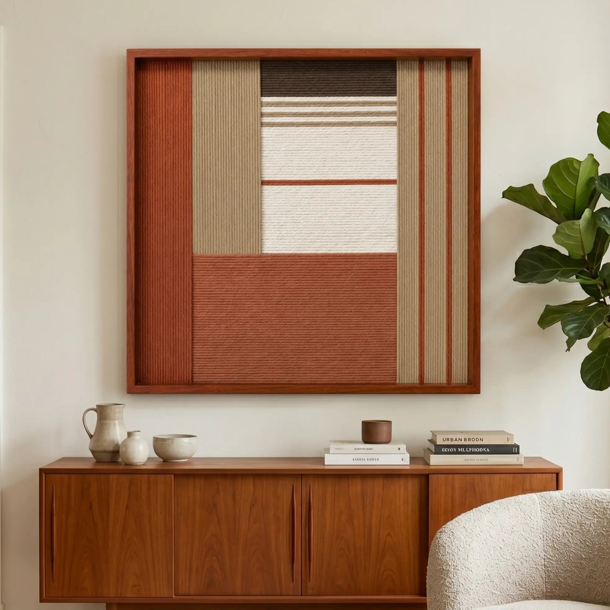 Striking square hand-woven wool tapestry positioned perfectly above a classic wooden sideboard next to a large potted plant in a sunlit living space.