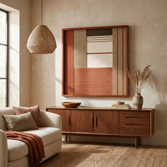Framed Terracotta Haven textile wall art displayed in a bright living room, hanging above a wooden sideboard next to a cozy beige sofa.