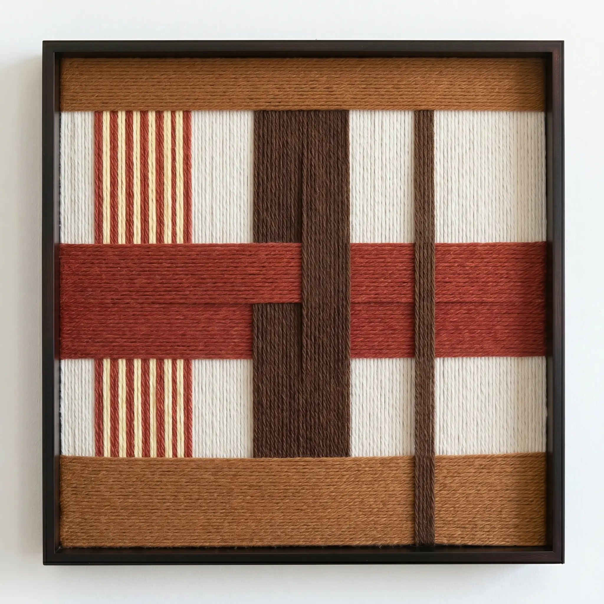 Professional studio shot of the Terracotta Script hand-woven wool wall art in a black frame against a clean white background.