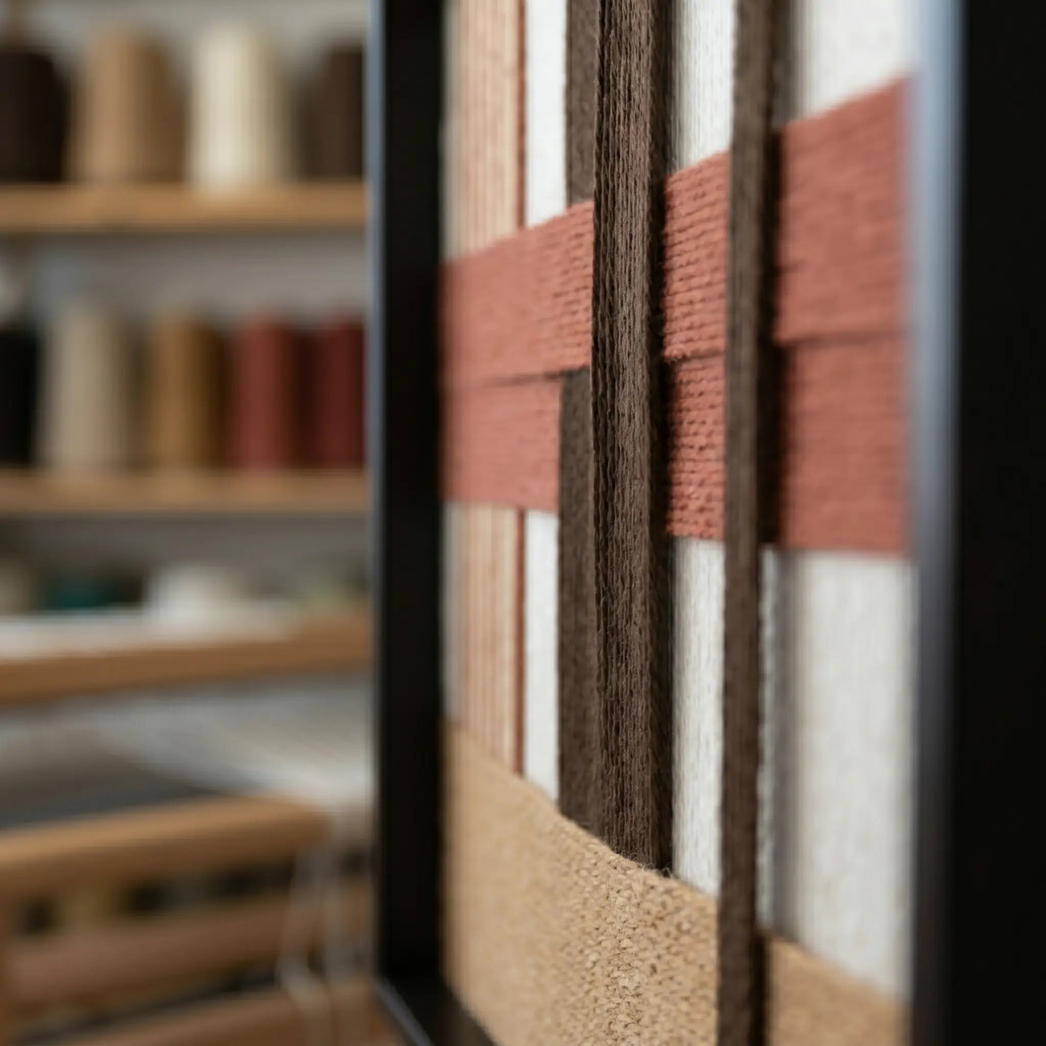 Side profile of the framed wool tapestry in a workshop setting, showcasing the three-dimensional depth and precise yarn winding.