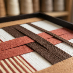 Low-angle close-up of the Terracotta Script fiber art in a studio, highlighting the intricate interlocking hand-wrapped wool yarn layers.