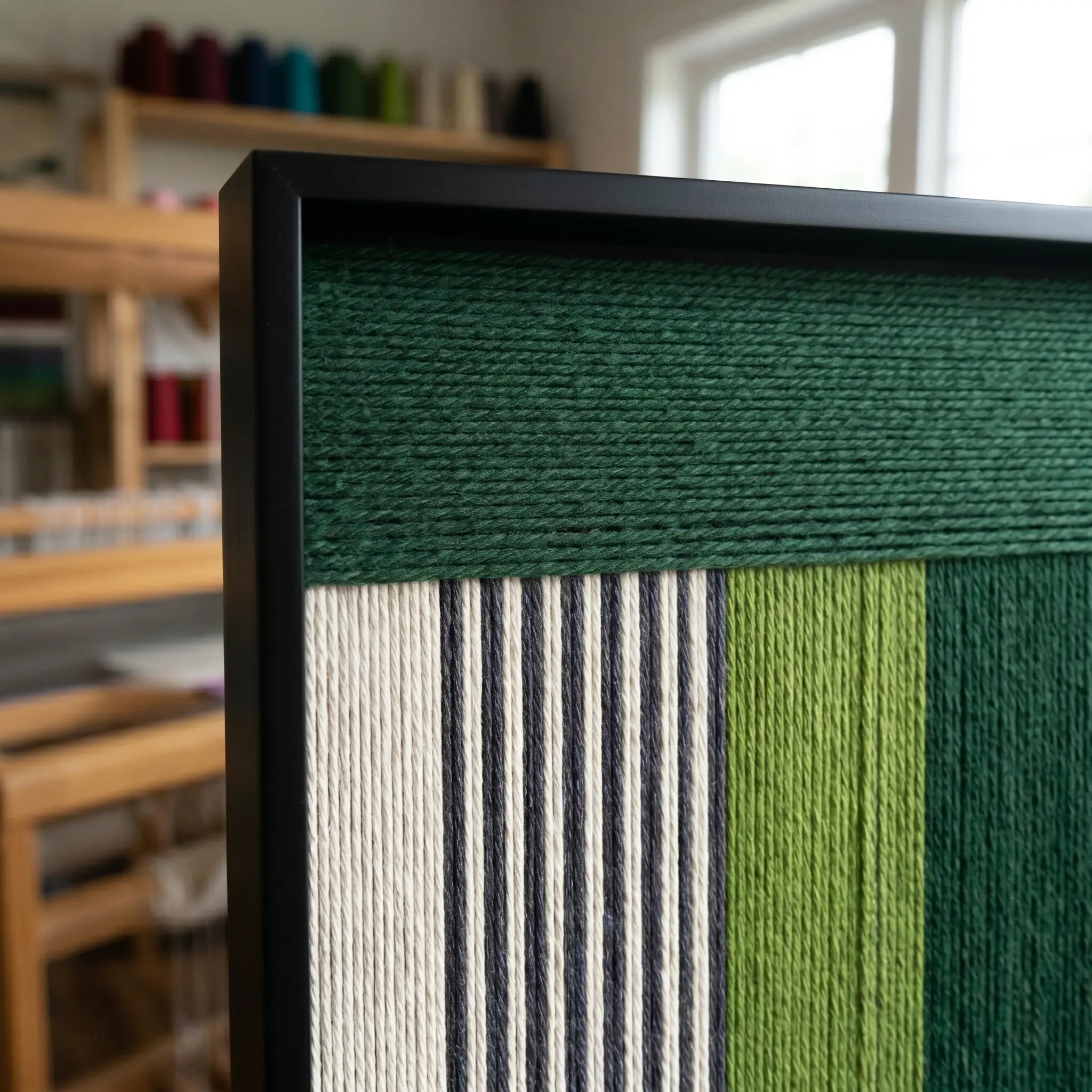 Side profile of the green and neutral wool wall art in a workshop setting, showcasing the depth of the woven threads.