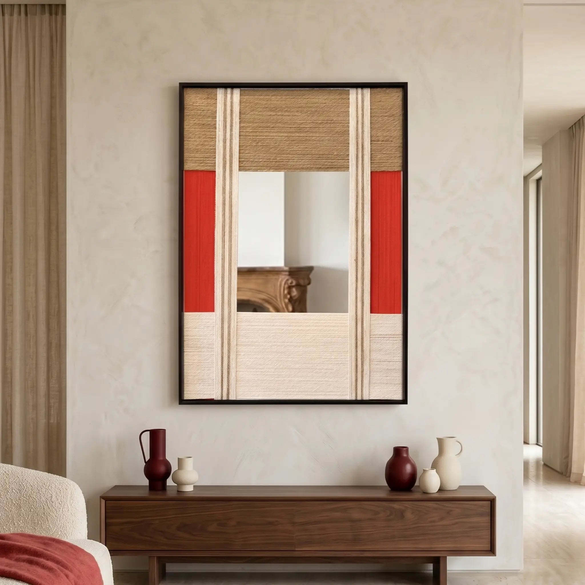 Vertical hand-woven wool wall art in a black frame with a central mirror inlay, featuring geometric panels in red, tan, and cream, hanging above a walnut sideboard with decorative vases.