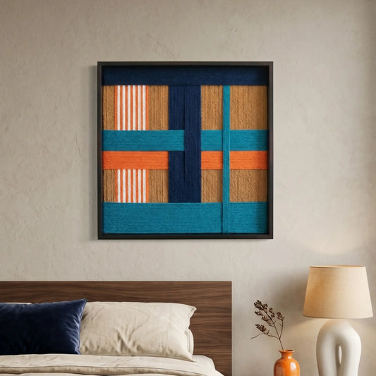 Textured wool wall art styled in a serene bedroom above a wooden headboard, complementing neutral linens and warm lighting.