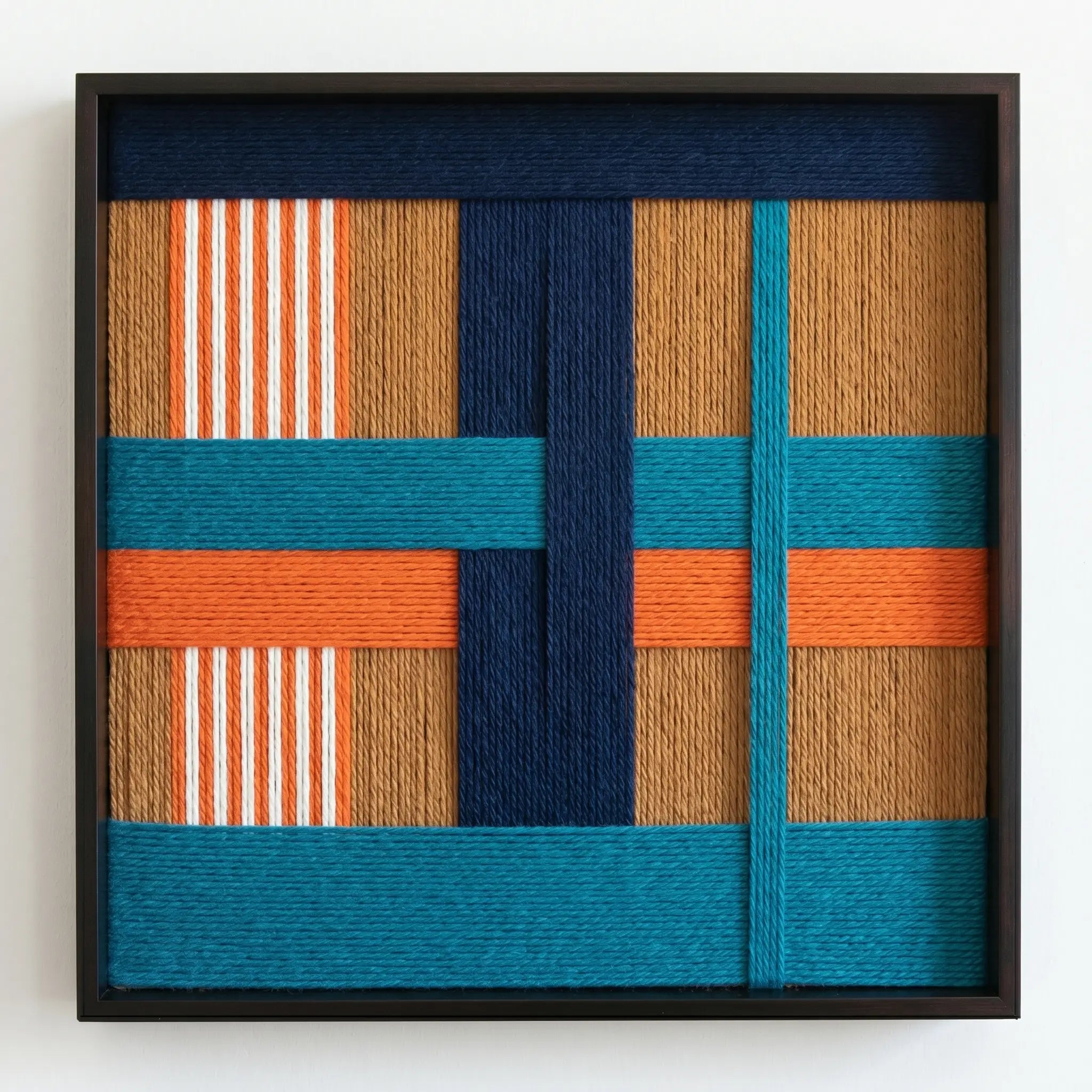 Professional studio shot of the Tropical Glow hand-woven wool wall art in a black frame against a clean white background.