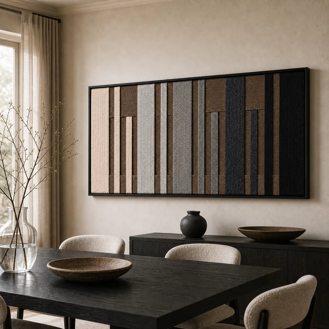 The Umber Columns geometric hand-woven wool tapestry provides a striking focal point over a dark wooden dining table in a contemporary dining room.