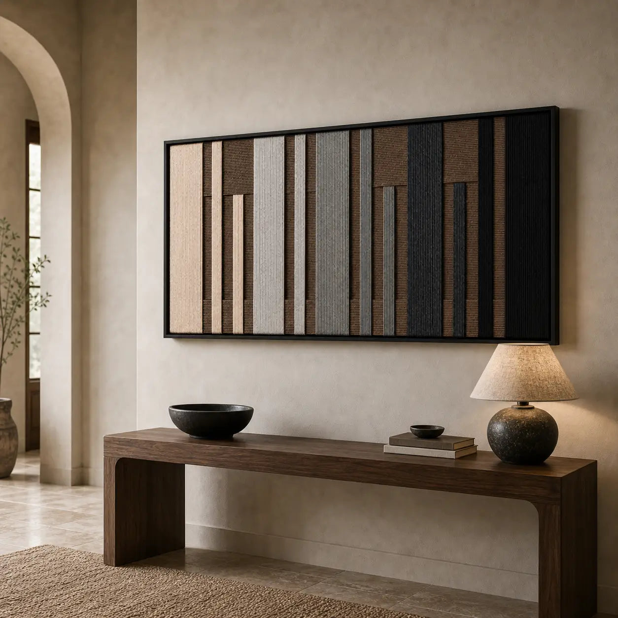 Striking Umber Columns hand-woven wool tapestry positioned perfectly above a sleek dark wooden console table in a modern entryway.
