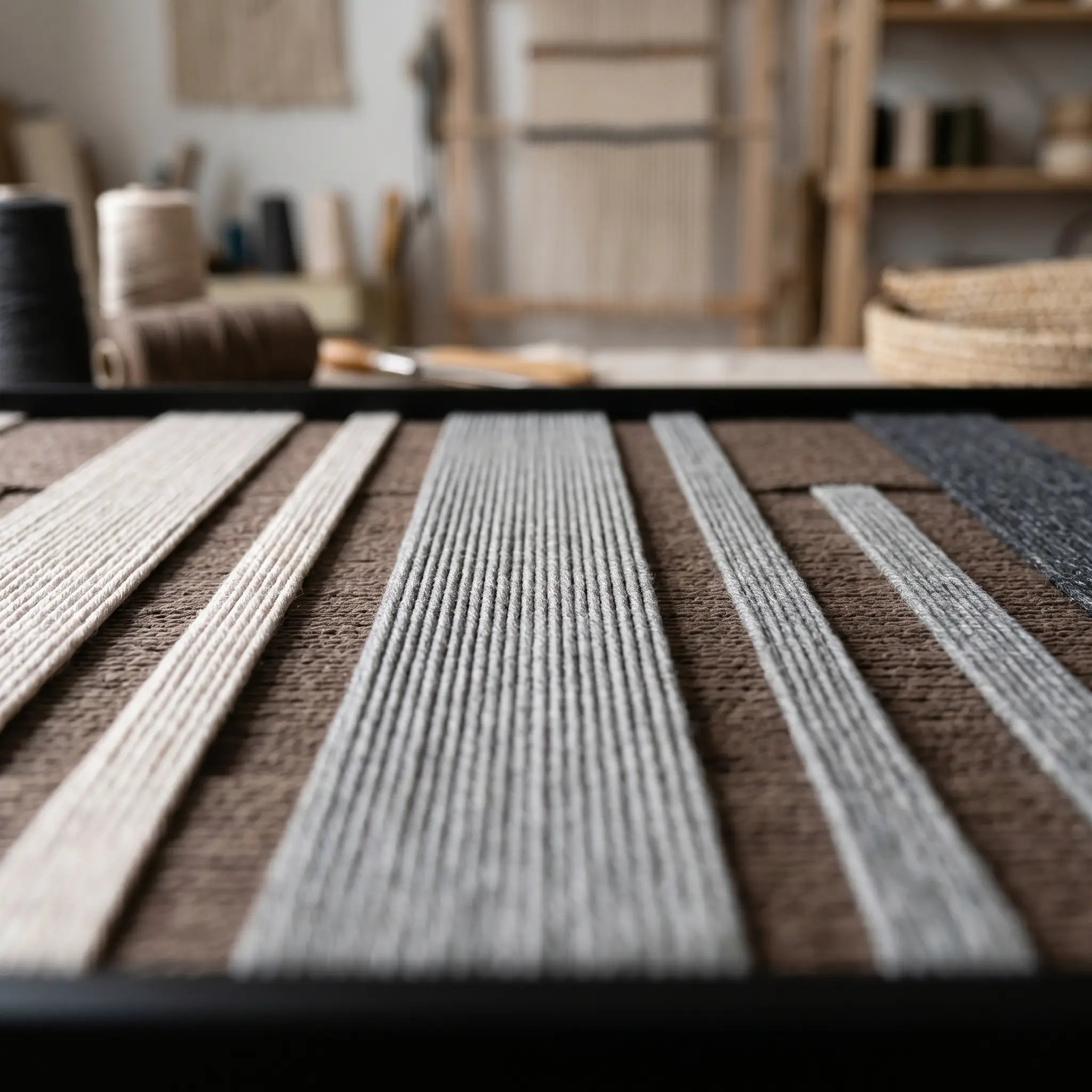Detailed macro close-up of the Umber Columns hand-woven wool tapestry highlighting the thick vertical textured yarn in grey, black, and cream.