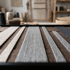 Detailed macro close-up of the Umber Columns hand-woven wool tapestry highlighting the thick vertical textured yarn in grey, black, and cream.