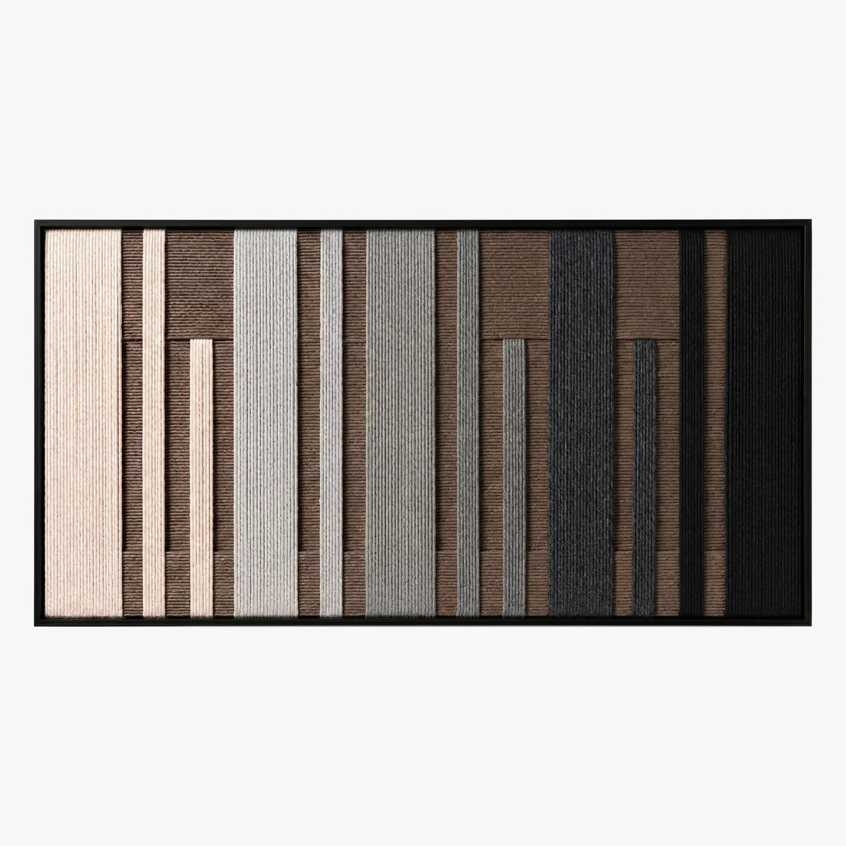 Frontal studio shot of the Umber Columns hand-woven wool wall art featuring vertical grey, brown, black, and cream stripes in a black frame.