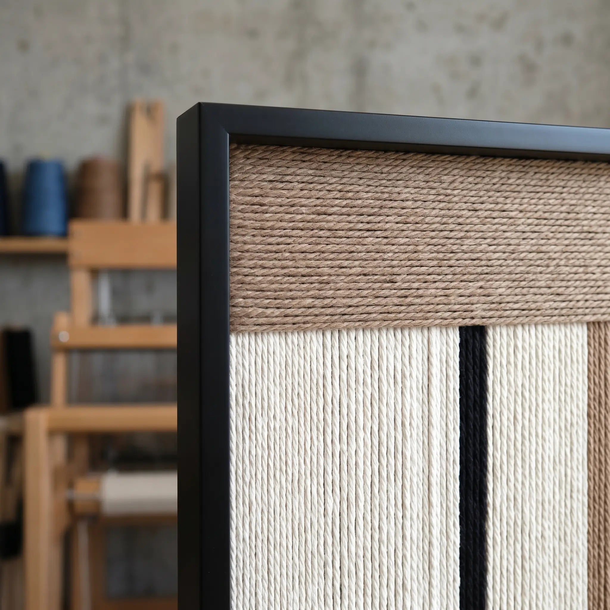 Detailed view of the hand-woven wool craftsmanship within the black frame, captured in a bright artist studio environment.