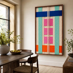 The Vegas Strip hand-woven wall art hanging in a sunlit room, providing a colorful geometric focal point for home decor.