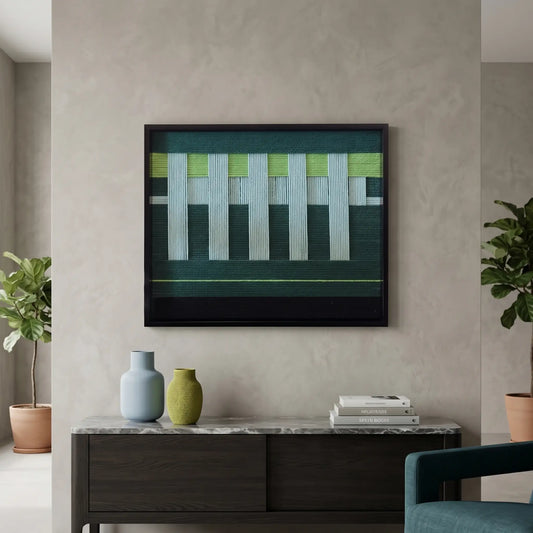 Large hand-woven wool wall art with green and grey textured patterns displayed above a dark wood sideboard in a modern interior.