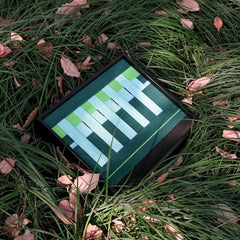 Velvet Vine yarn wall art with bold green-stripe pattern placed on grass, emphasizing the vivid color contrast and tactile weave
