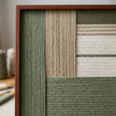 Angled close-up of the framed Verdant Alcove hand-woven tapestry showcasing the wooden frame and dimensional sage green and beige geometric wool patterns.