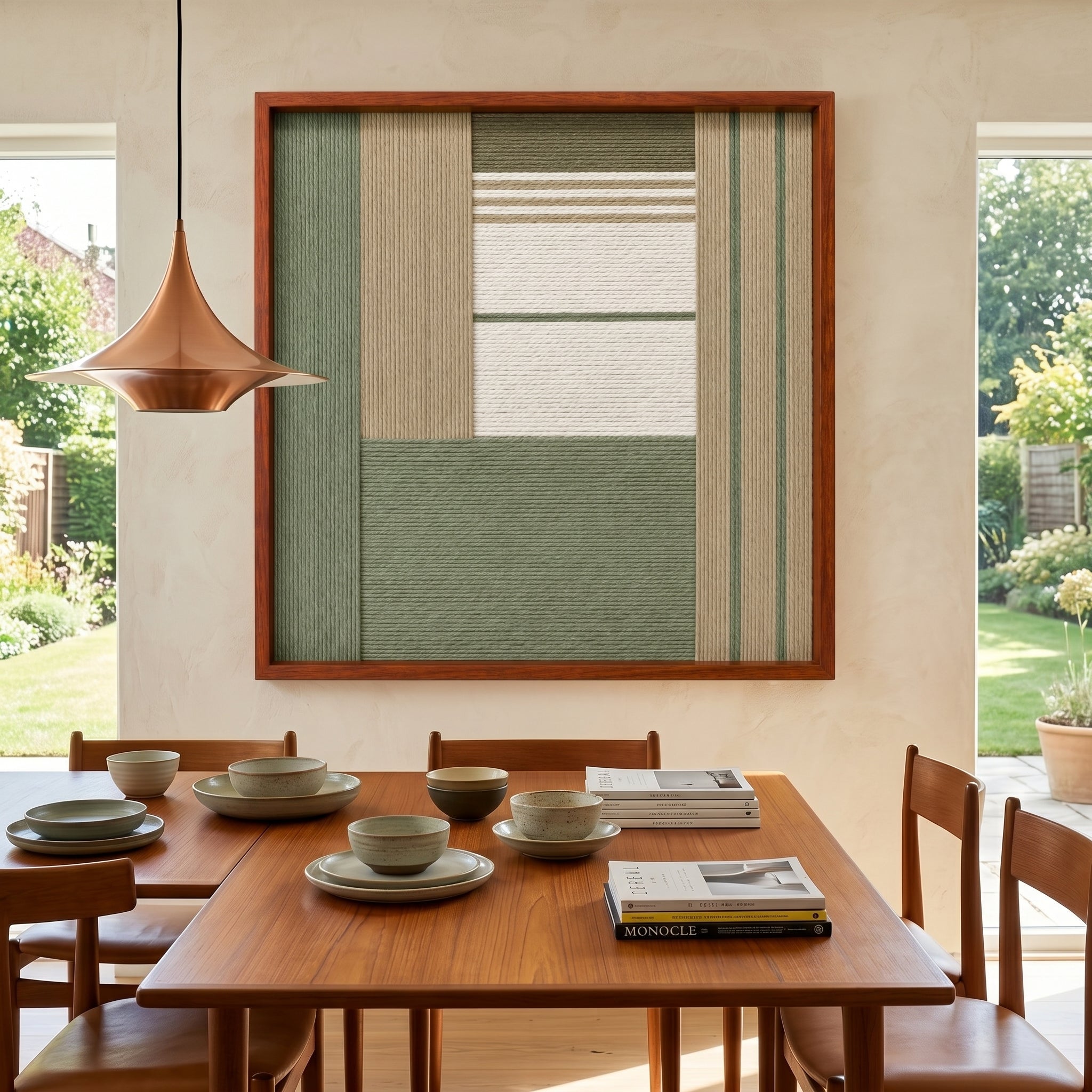 The Verdant Alcove hand-woven wool tapestry provides a serene focal point over a wooden dining table adorned with ceramics beneath a modern copper pendant light.