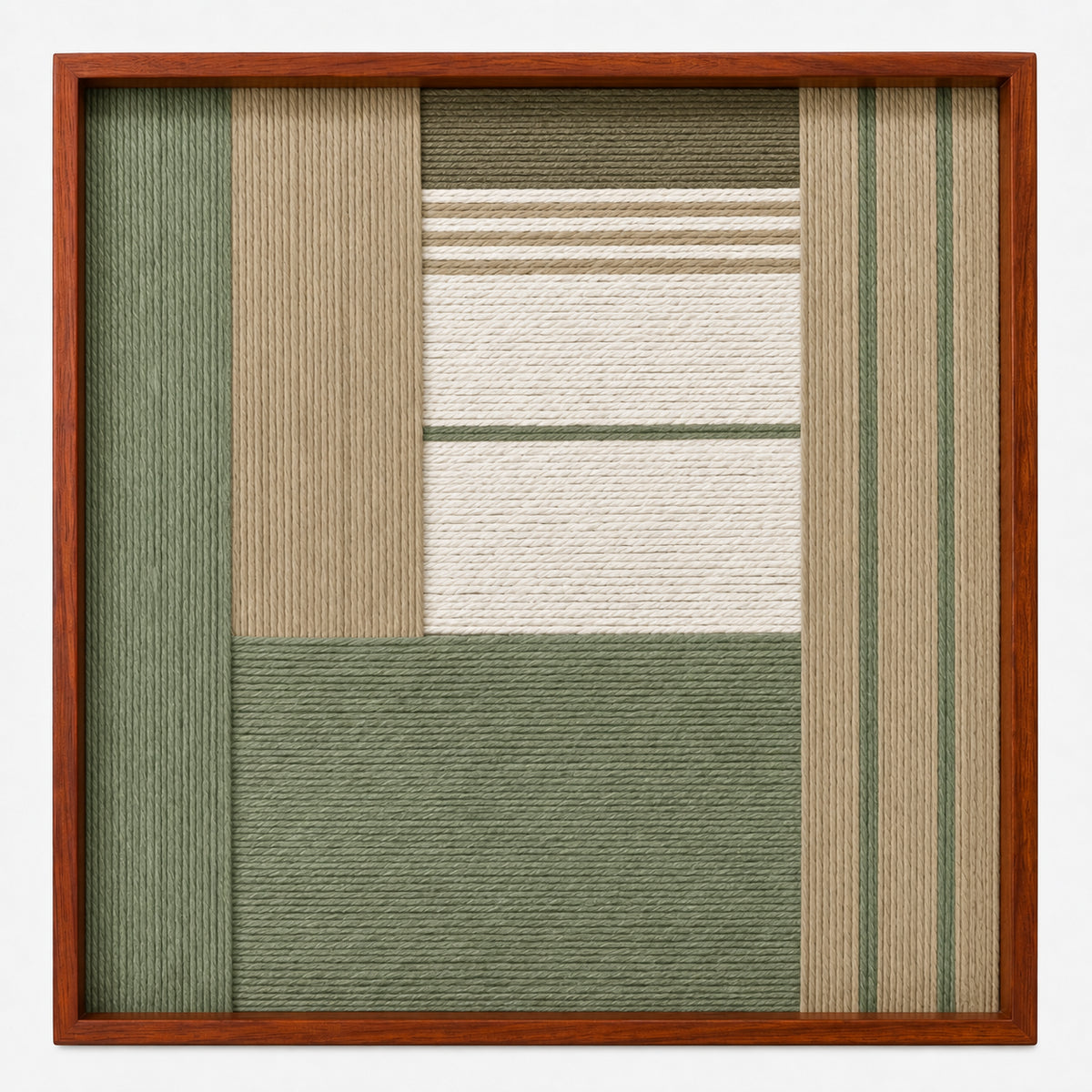 Frontal studio shot of the Verdant Alcove square hand-woven textile wall art featuring sage green, beige, and cream geometric blocks in a warm wooden frame.