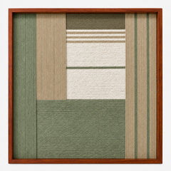 Frontal studio shot of the Verdant Alcove square hand-woven textile wall art featuring sage green, beige, and cream geometric blocks in a warm wooden frame.