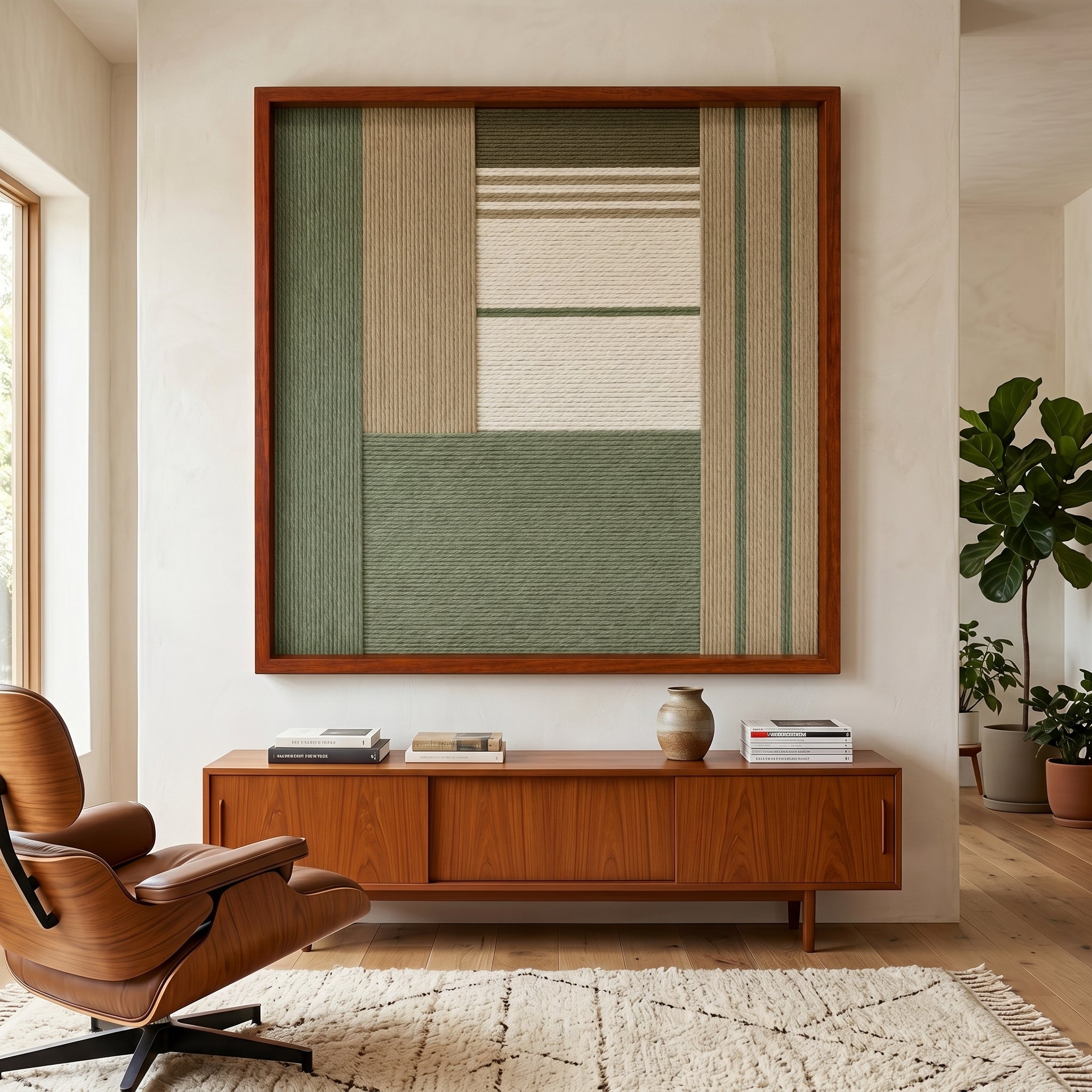 Striking square hand-woven wool tapestry positioned perfectly above a low wooden credenza next to a classic mid-century leather lounge chair in a sunlit room.