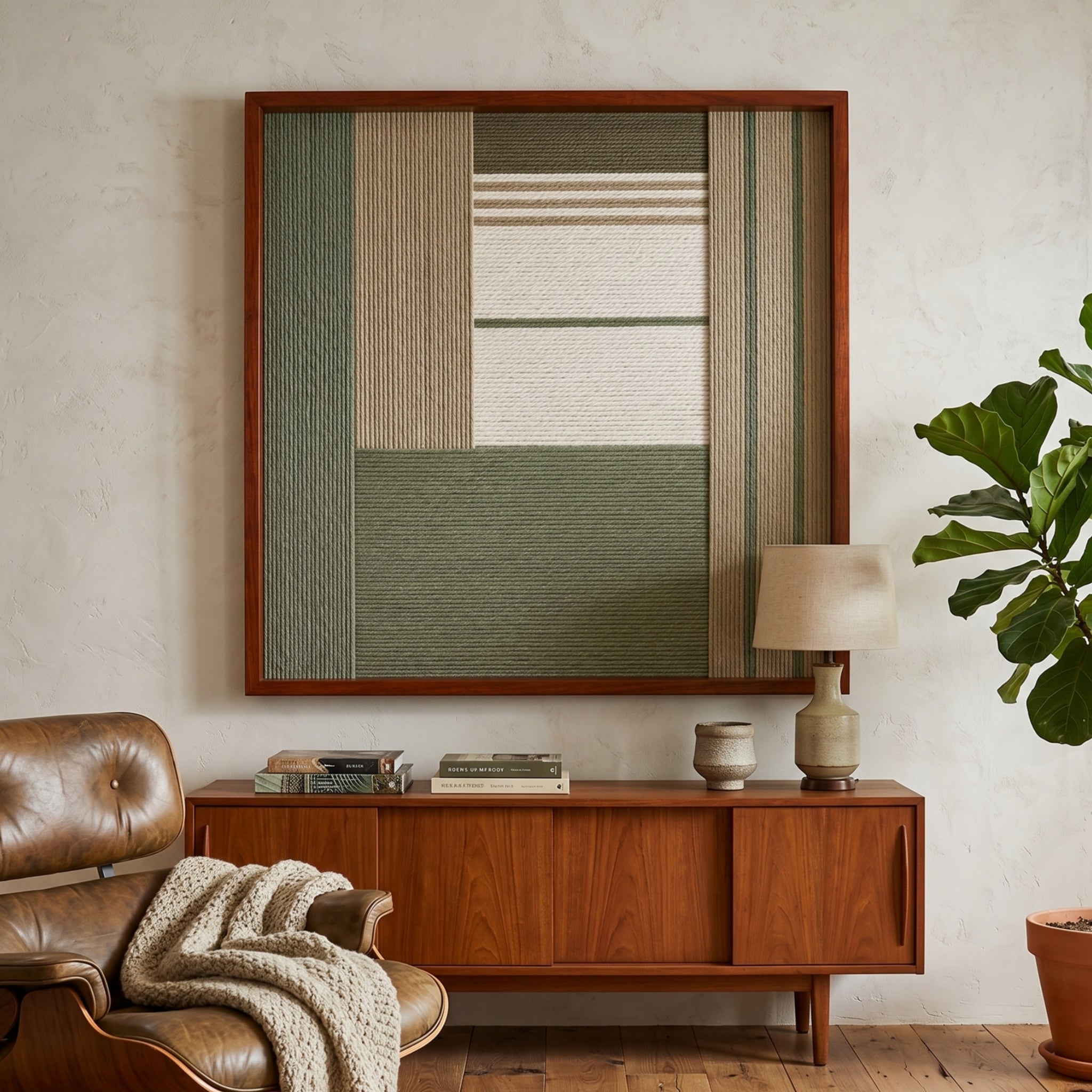 Large square Verdant Alcove hand-woven wall art hanging elegantly above a mid-century wooden credenza next to a classic brown leather armchair.