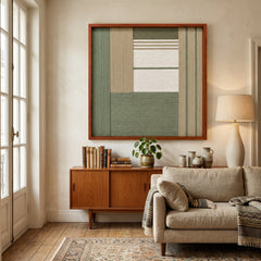 Framed Verdant Alcove textile wall art displayed in a bright living room, hanging above a mid-century wooden sideboard next to a cozy beige sofa.