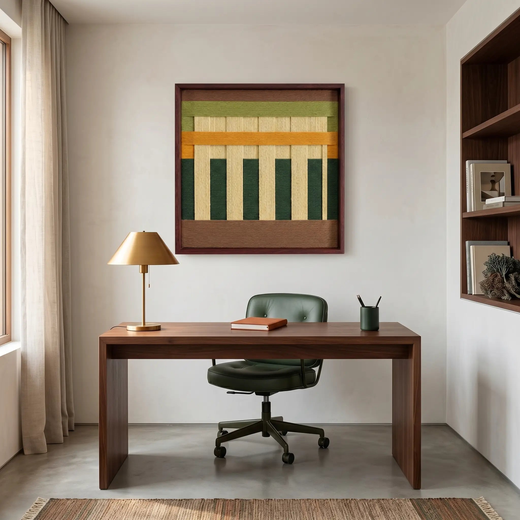 Square hand-woven textile art piece centered above a dark wood desk in a professional home office setting with a gold table lamp.