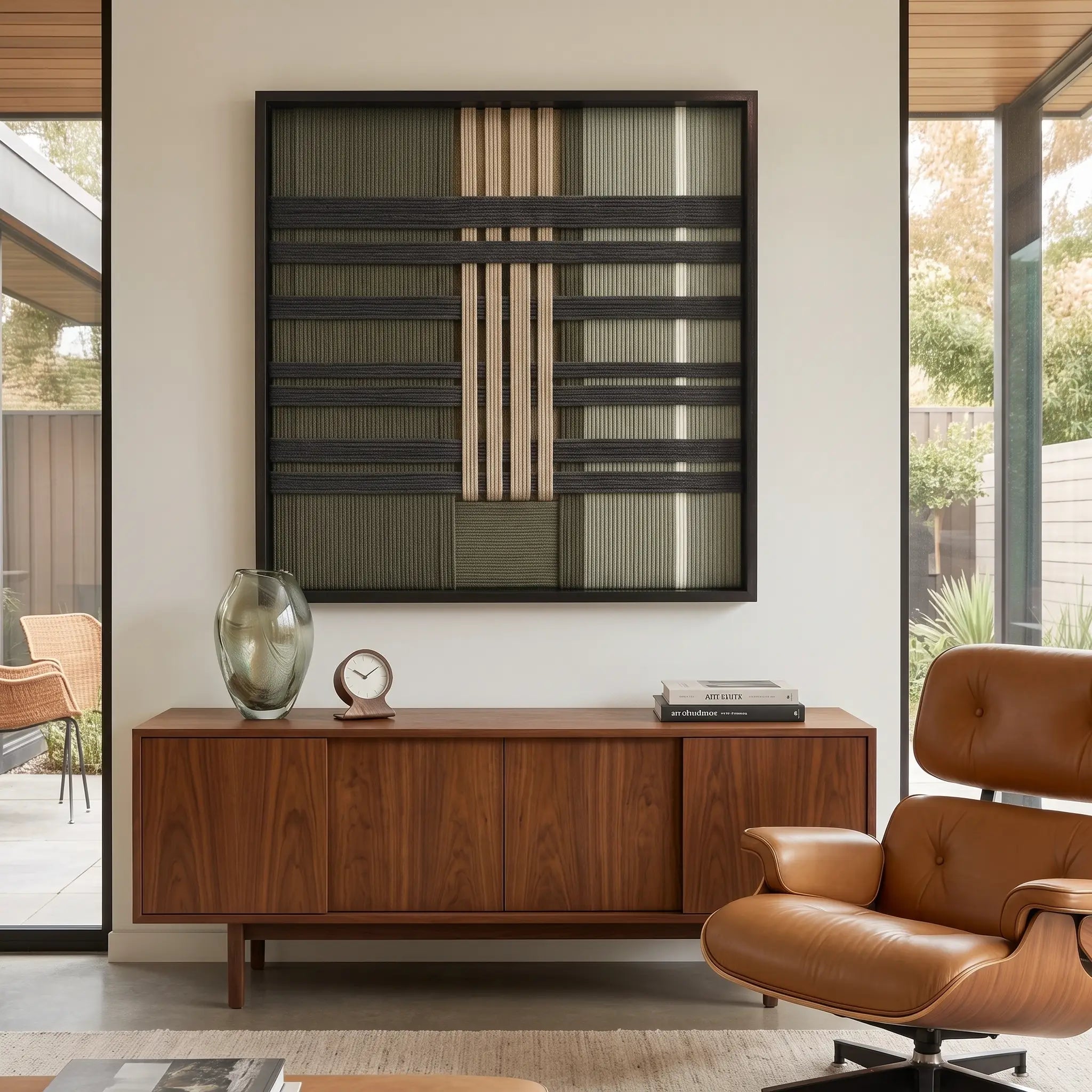 Sophisticated Verdant Silence hand-woven tapestry hanging above a wooden credenza in a modern living room with a tan leather lounge chair.