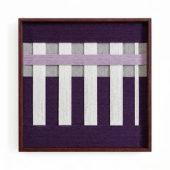 Direct front view of the Violet Aftershock hand-woven wool tapestry showcasing the intricate vertical columns and horizontal lilac fiber weaving.